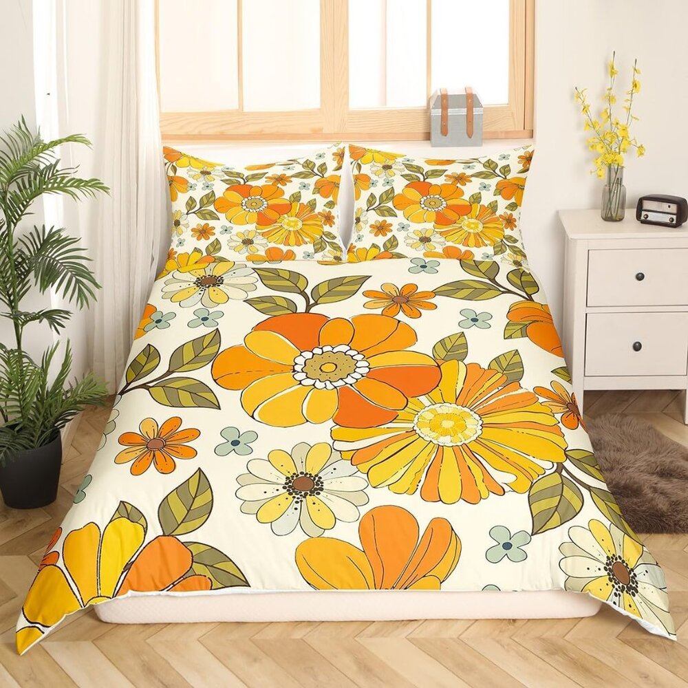 Retro Flowers Duvet Cover Set King Size,Watercolor Yellow Floral Green Leaves Pl - Picture 3 of 9